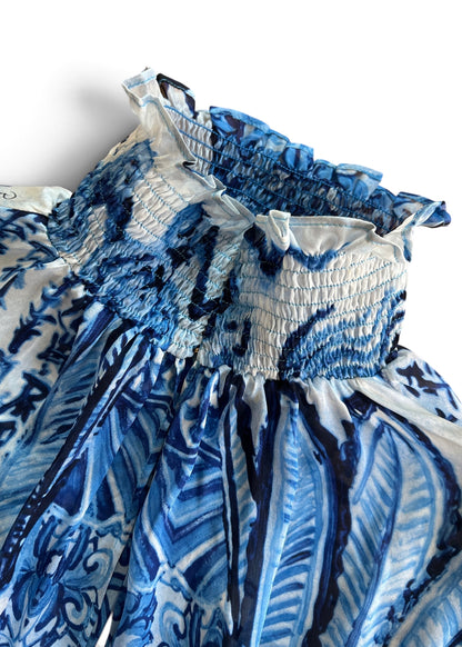 Roberto Cavalli 2005 Silk Ming Vase Print Blouse | Blue Sheer High Neck Smocked Top