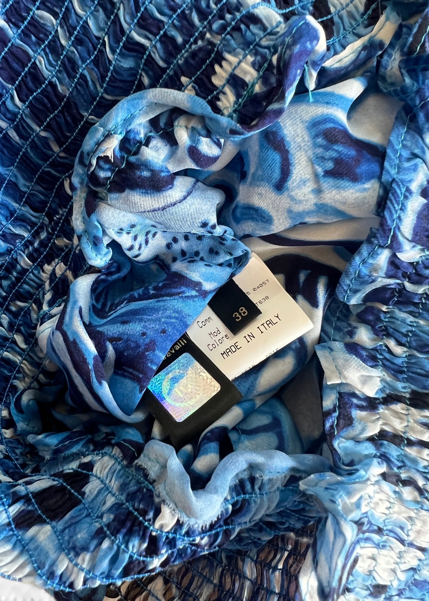 Roberto Cavalli 2005 Silk Ming Vase Print Blouse | Blue Sheer High Neck Smocked Top