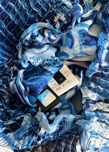 Roberto Cavalli 2005 Silk Ming Vase Print Blouse | Blue Sheer High Neck Smocked Top
