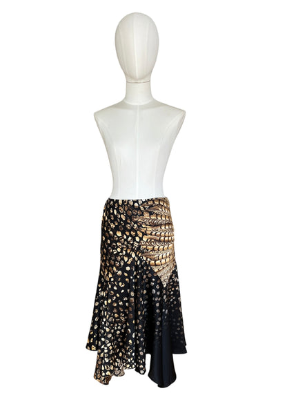 Roberto Cavalli 2004 Silk Asymmetric Mermaid Skirt | Archive Y2K Feather Print Maxi Skirt
