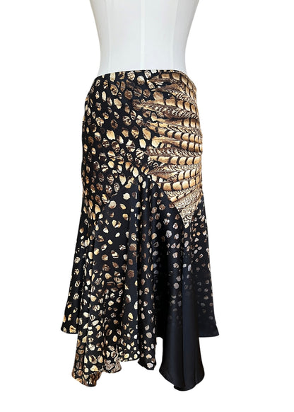 Roberto Cavalli 2004 Silk Asymmetric Mermaid Skirt | Archive Y2K Feather Print Maxi Skirt