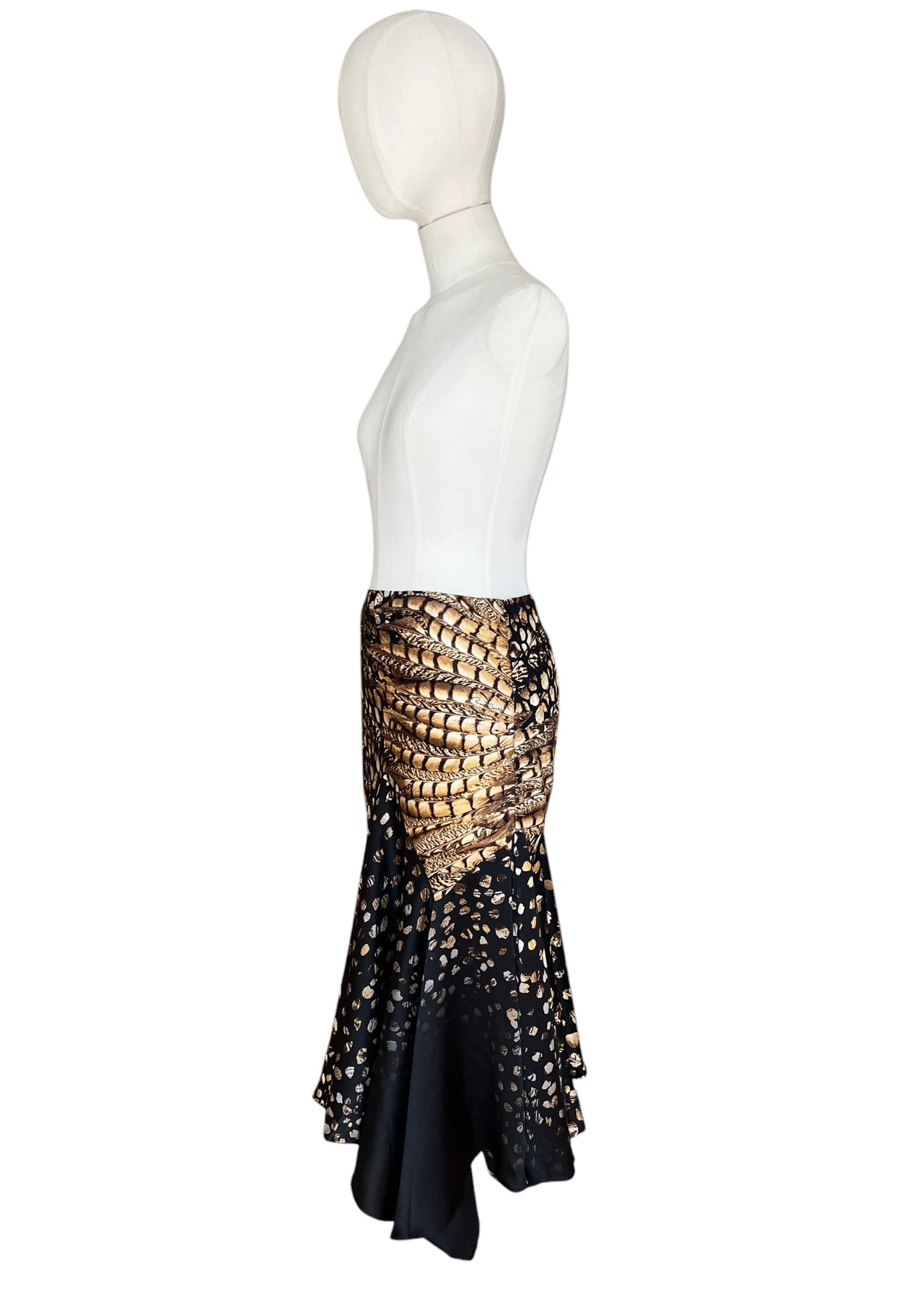Roberto Cavalli 2004 Silk Asymmetric Mermaid Skirt | Archive Y2K Feather Print Maxi Skirt