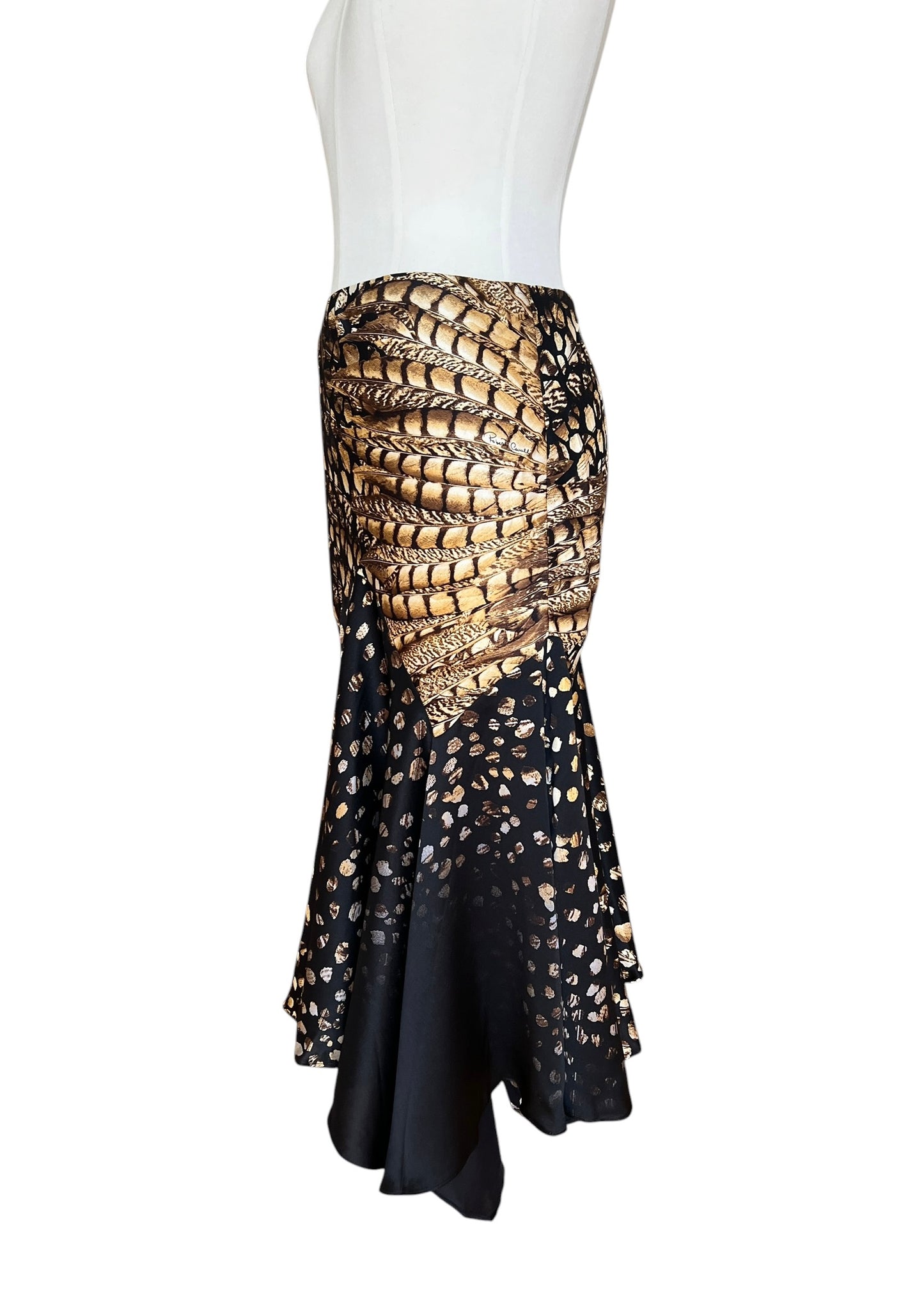 Roberto Cavalli 2004 Silk Asymmetric Mermaid Skirt | Archive Y2K Feather Print Maxi Skirt