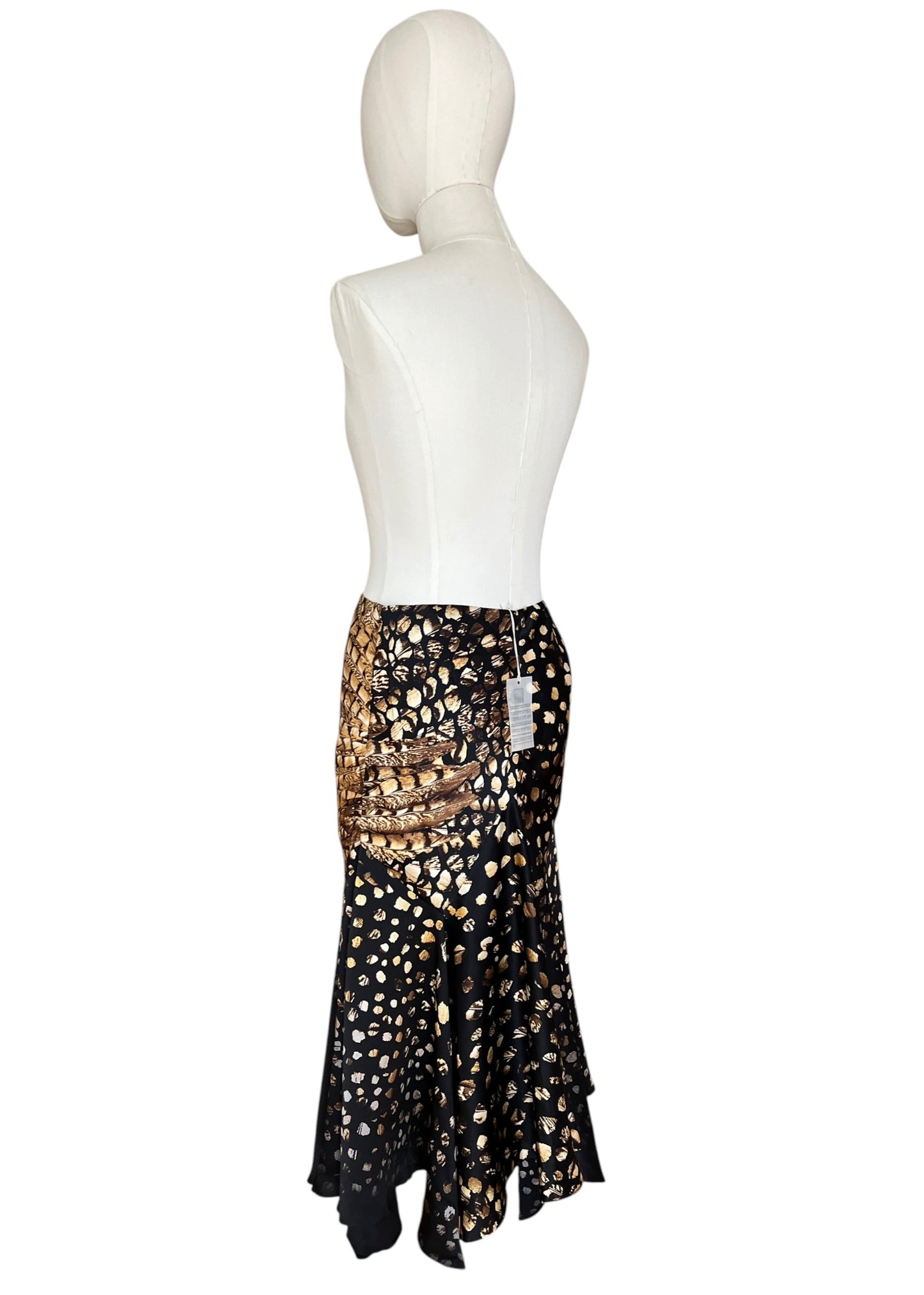 Roberto Cavalli 2004 Silk Asymmetric Mermaid Skirt | Archive Y2K Feather Print Maxi Skirt