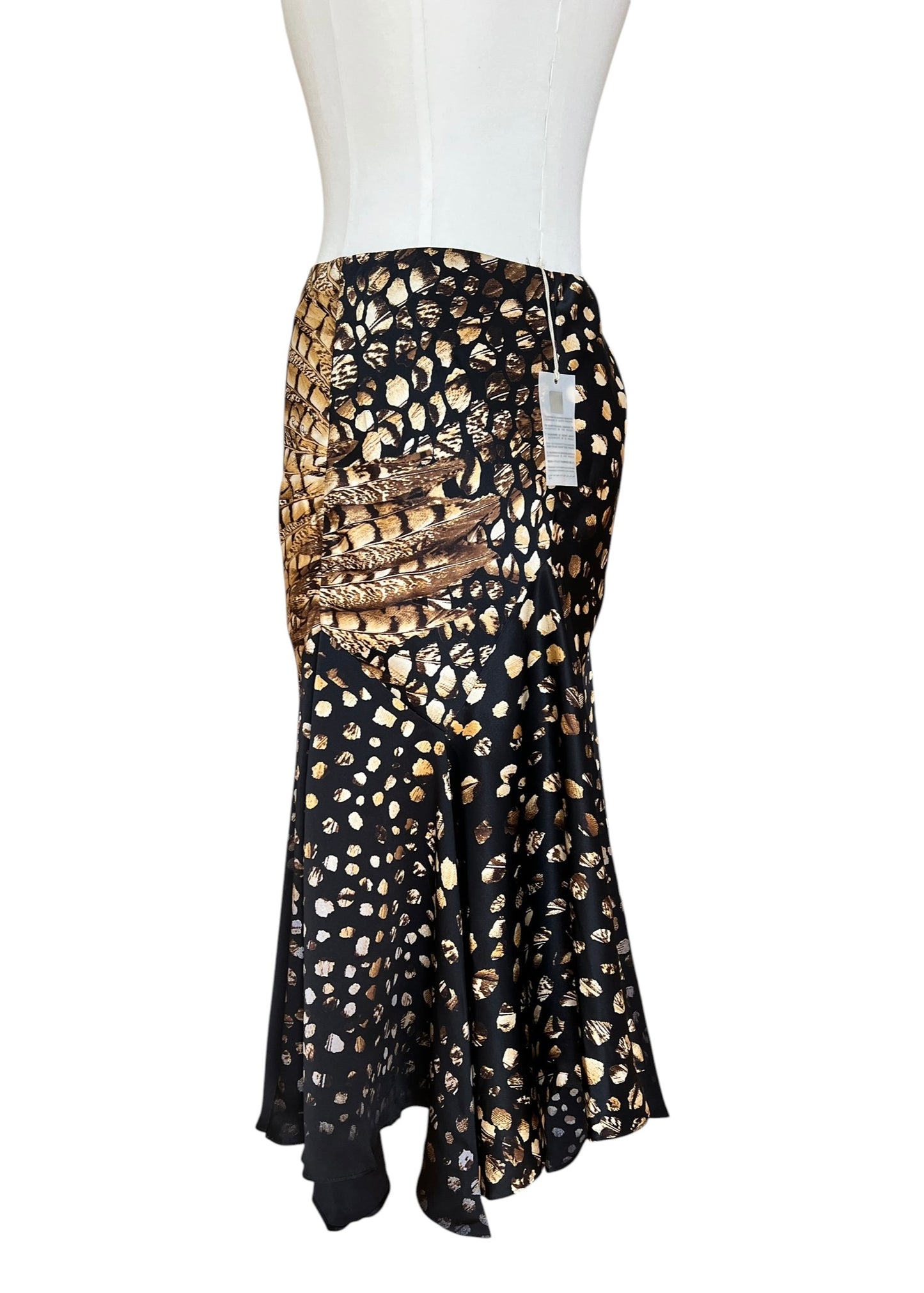 Roberto Cavalli 2004 Silk Asymmetric Mermaid Skirt | Archive Y2K Feather Print Maxi Skirt