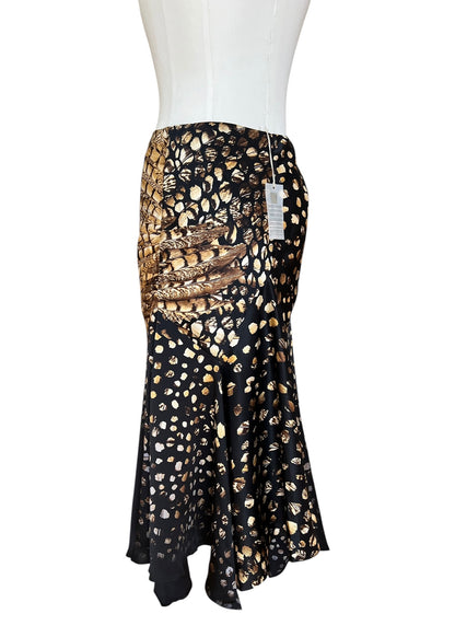 Roberto Cavalli 2004 Silk Asymmetric Mermaid Skirt | Archive Y2K Feather Print Maxi Skirt