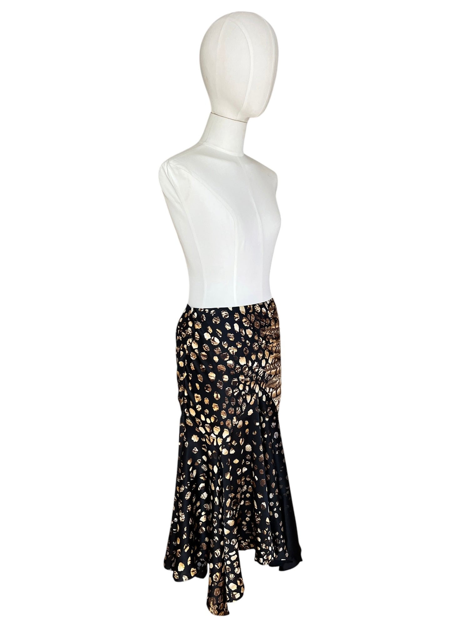 Roberto Cavalli 2004 Silk Asymmetric Mermaid Skirt | Archive Y2K Feather Print Maxi Skirt