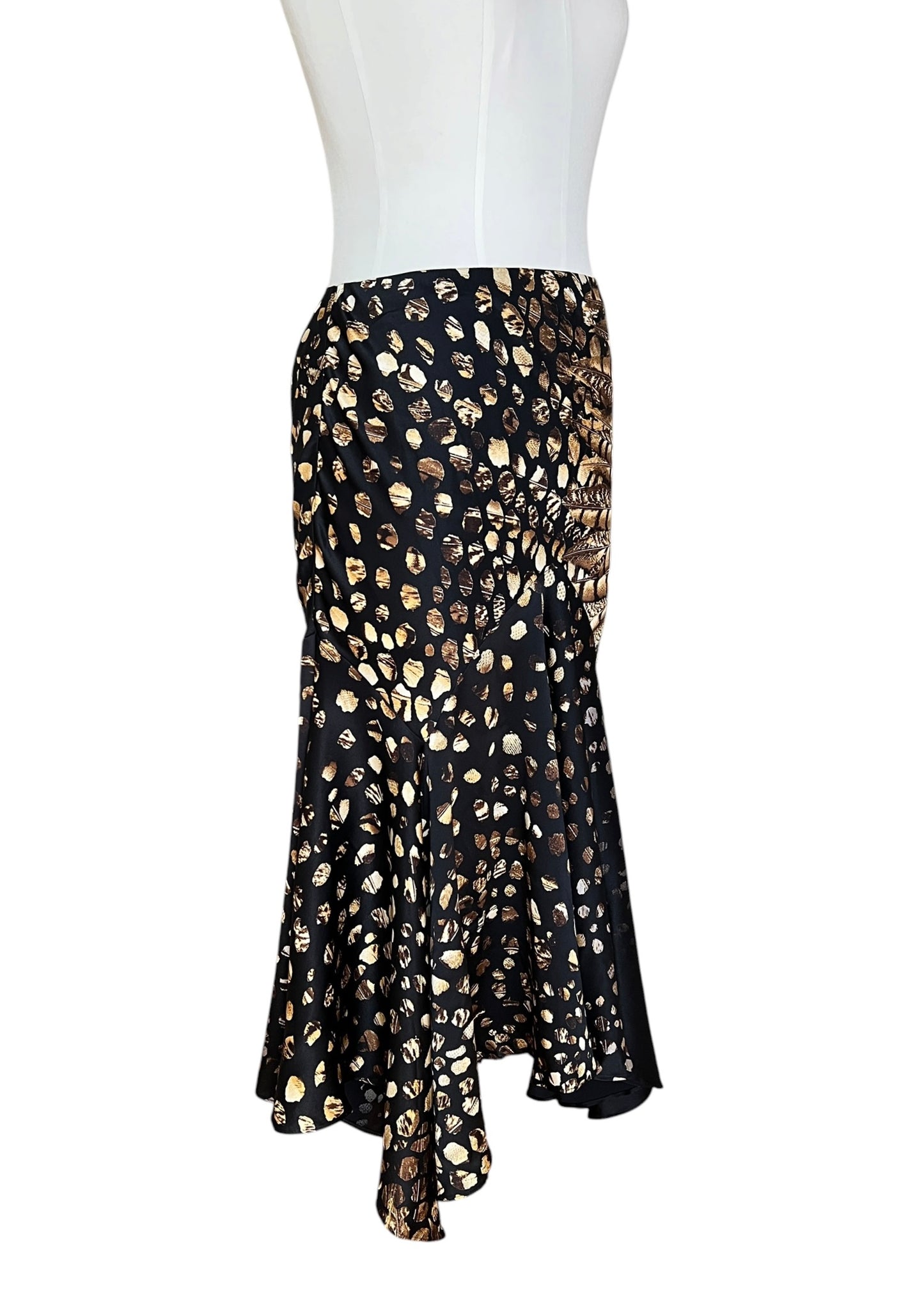 Roberto Cavalli 2004 Silk Asymmetric Mermaid Skirt | Archive Y2K Feather Print Maxi Skirt