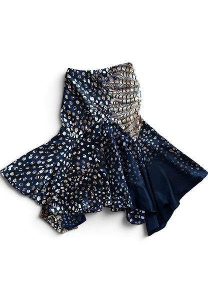 Roberto Cavalli 2004 Silk Asymmetric Mermaid Skirt | Archive Y2K Feather Print Maxi Skirt