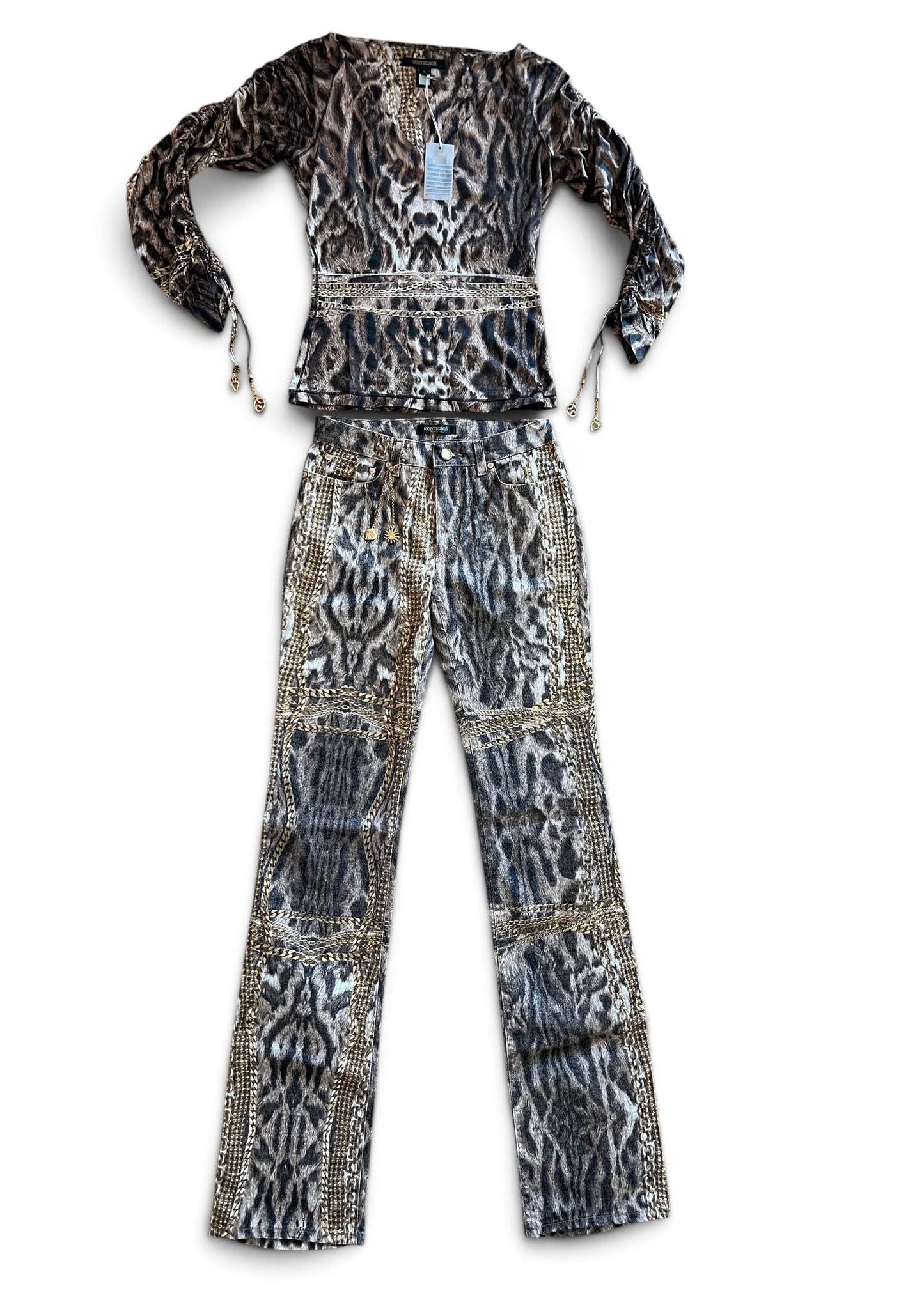 Roberto Cavalli Animal Print Chain Set | Archive Y2K Top & Jeans Co-Ord