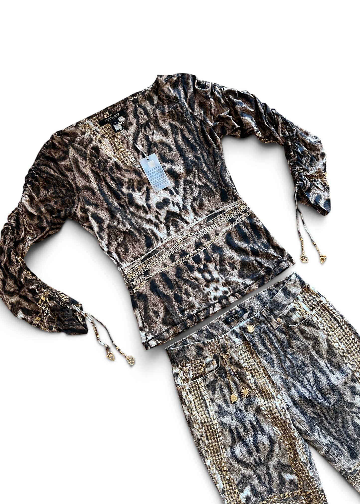 Roberto Cavalli Animal Print Chain Set | Archive Y2K Top & Jeans Co-Ord