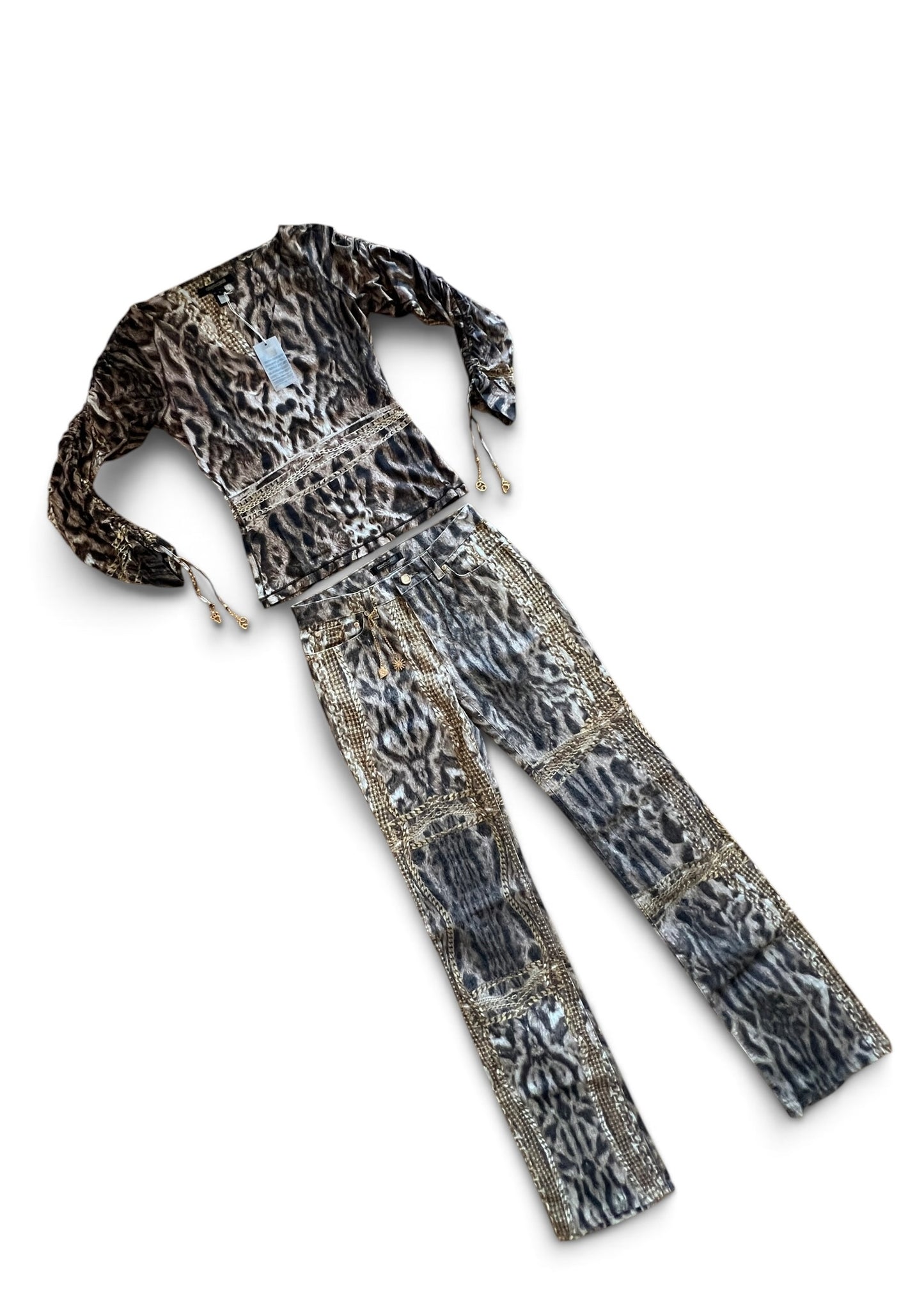 Roberto Cavalli Animal Print Chain Set | Archive Y2K Top & Jeans Co-Ord