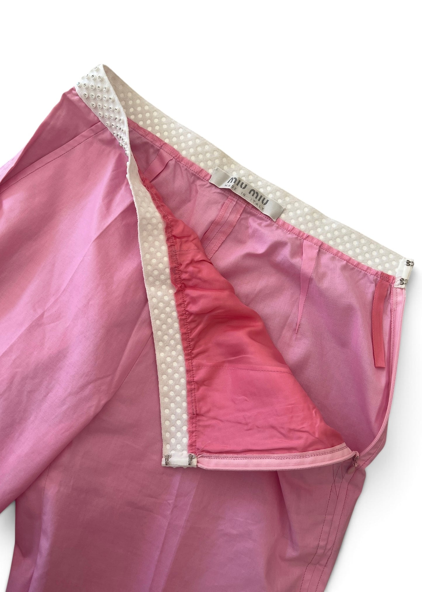 Vintage Miu Miu Pink Crystal Waist Pants | Y2K Low Rise Tech Cotton Trousers