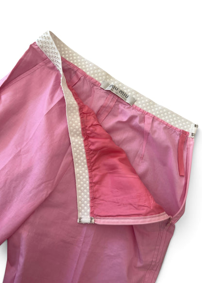 Vintage Miu Miu Pink Crystal Waist Pants | Y2K Low Rise Tech Cotton Trousers