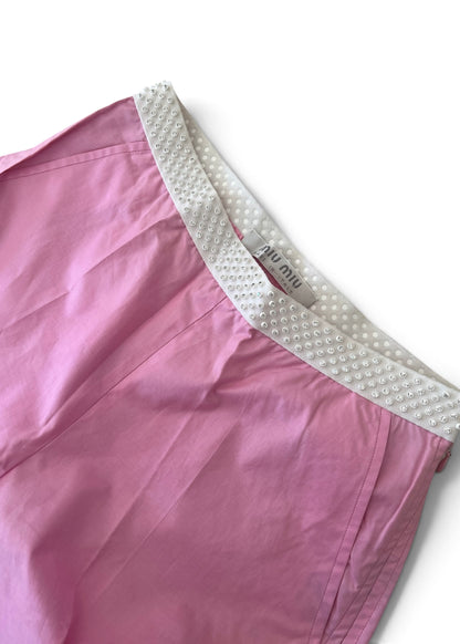 Vintage Miu Miu Pink Crystal Waist Pants | Y2K Low Rise Tech Cotton Trousers