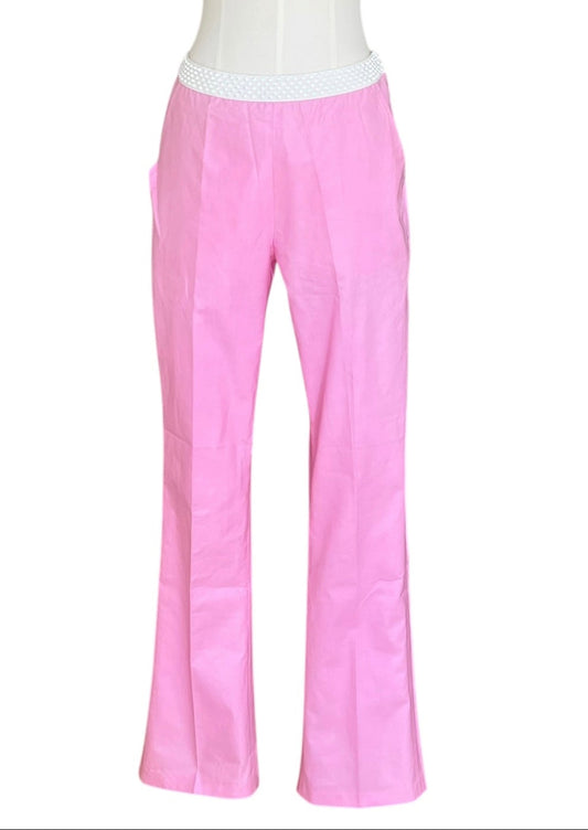 Miu Miu Vintage Pink Crystal Waist Pants | Y2K Low Rise Tech Cotton Trousers