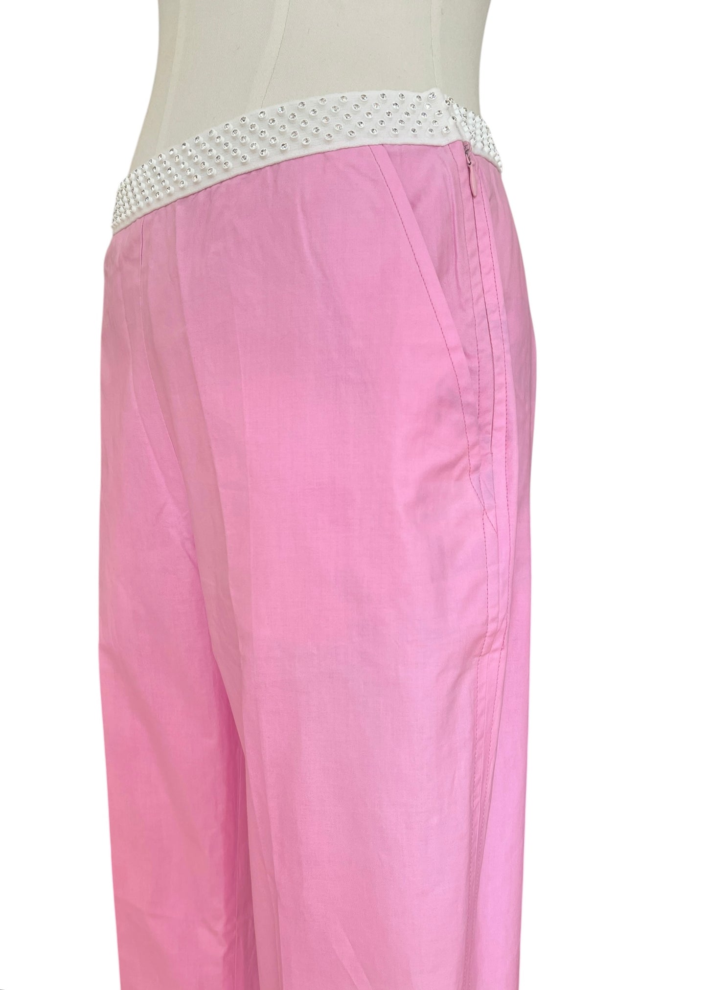 Vintage Miu Miu Pink Crystal Waist Pants | Y2K Low Rise Tech Cotton Trousers