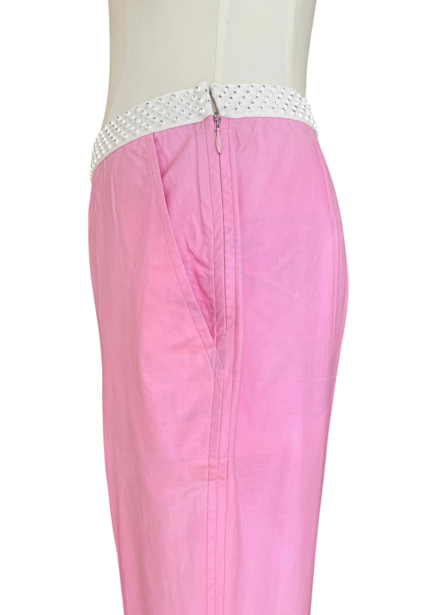 Vintage Miu Miu Pink Crystal Waist Pants | Y2K Low Rise Tech Cotton Trousers
