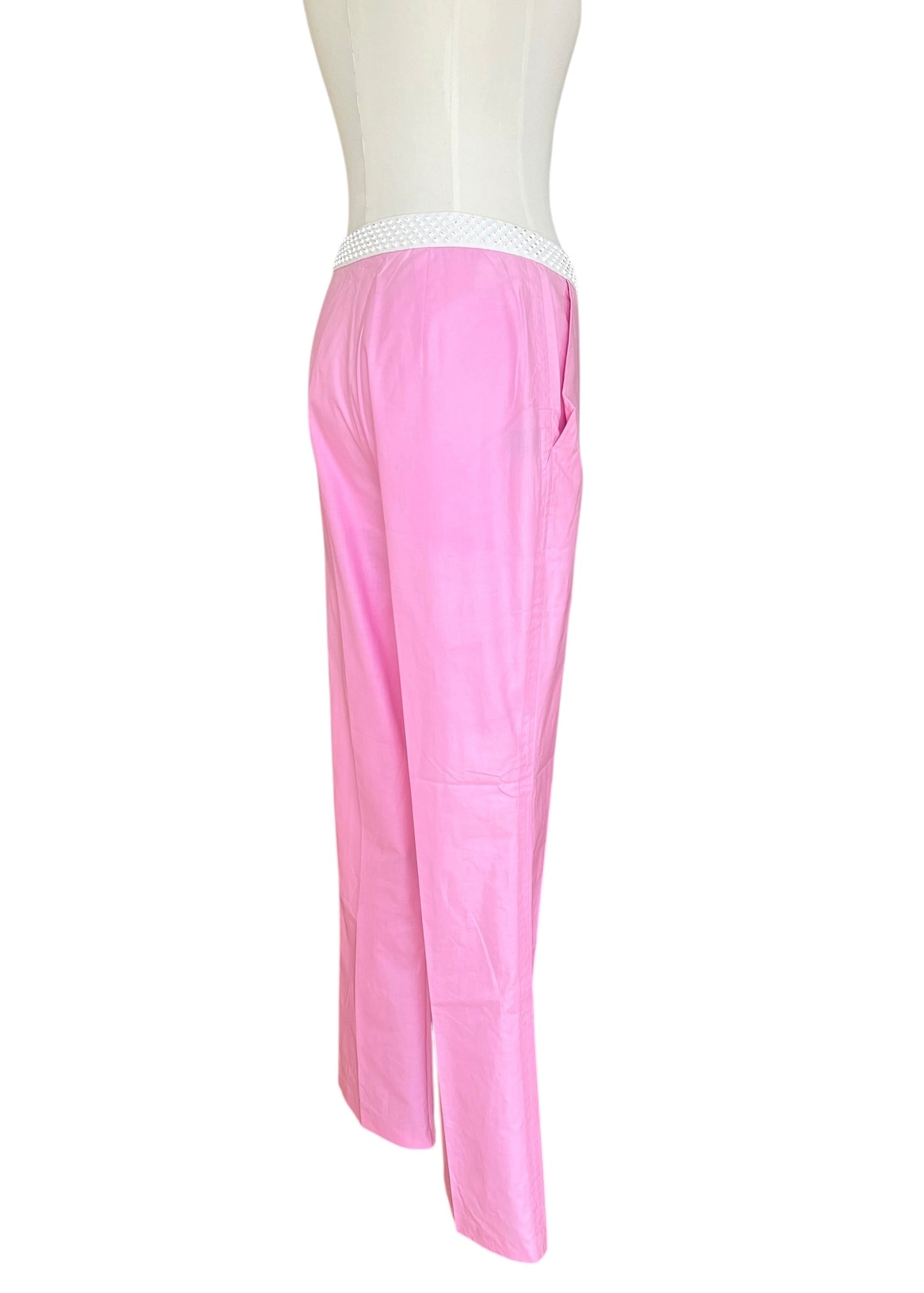 Vintage Miu Miu Pink Crystal Waist Pants | Y2K Low Rise Tech Cotton Trousers