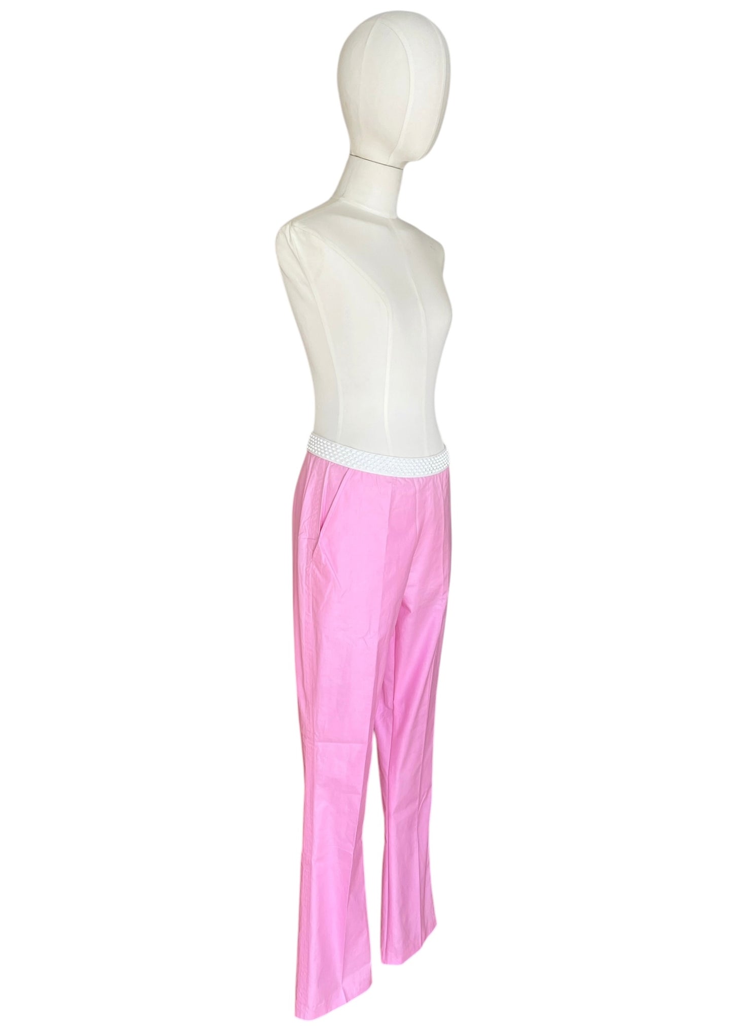 Vintage Miu Miu Pink Crystal Waist Pants | Y2K Low Rise Tech Cotton Trousers