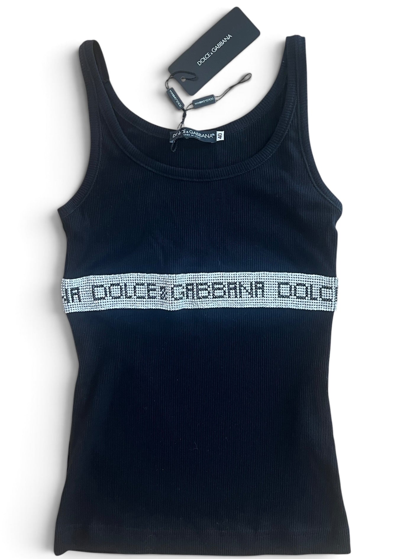 Vintage Dolce & Gabbana Rhinestone Logo Tank Top | Y2K Black Ribbed Cotton Cami | 2003 Archive