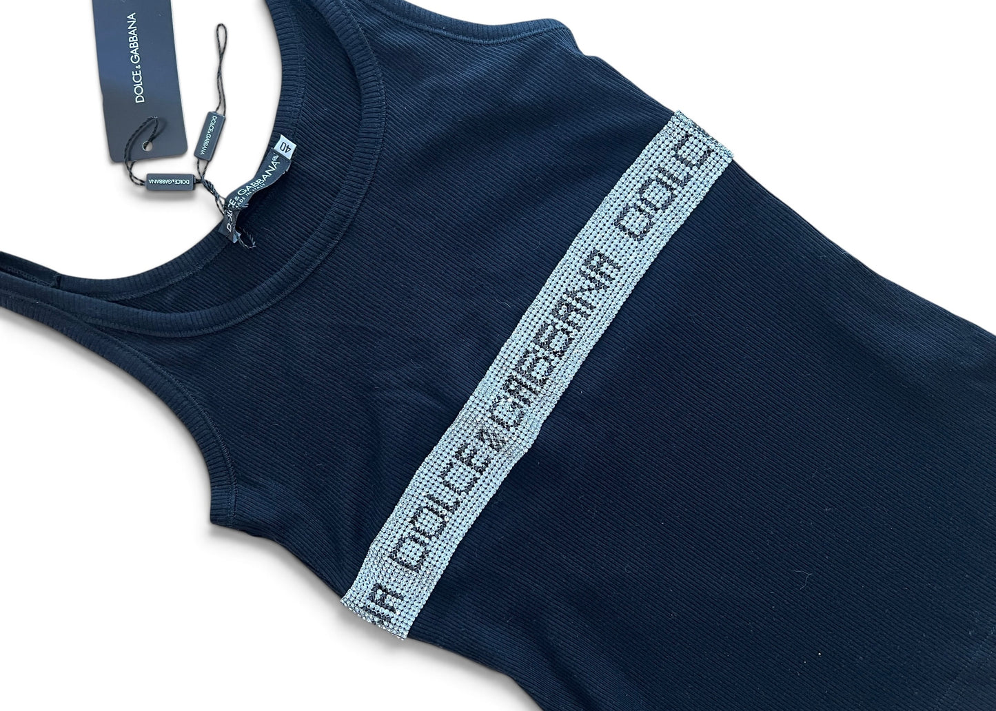 Vintage Dolce & Gabbana Rhinestone Logo Tank Top | Y2K Black Ribbed Cotton Cami | 2003 Archive