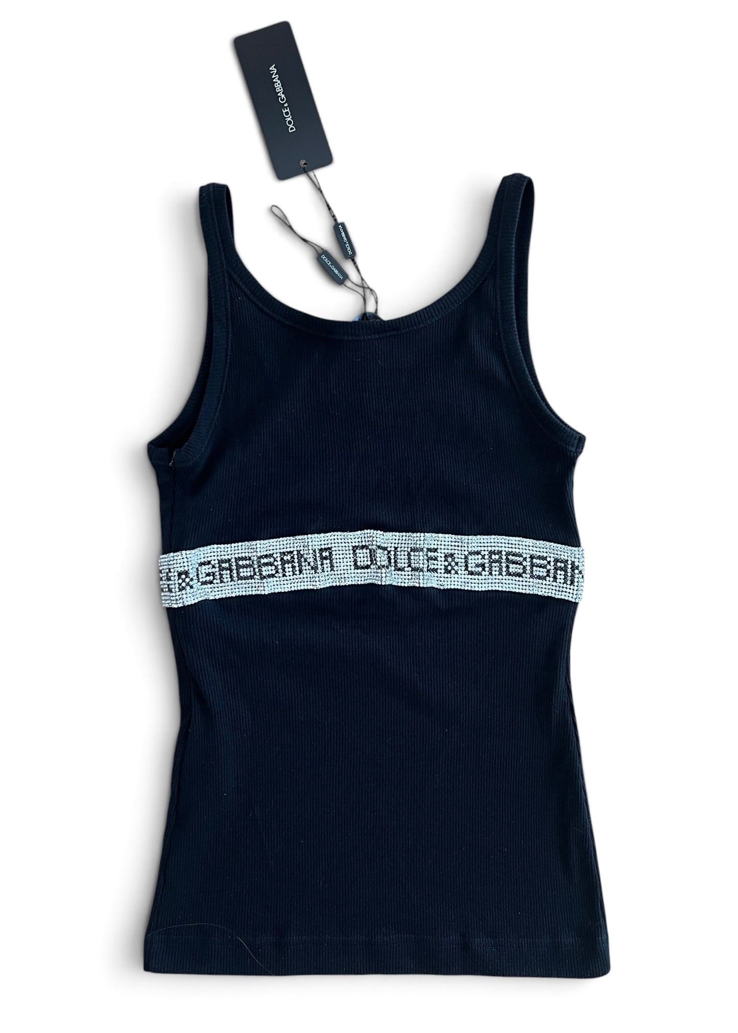 Vintage Dolce & Gabbana Rhinestone Logo Tank Top | Y2K Black Ribbed Cotton Cami | 2003 Archive