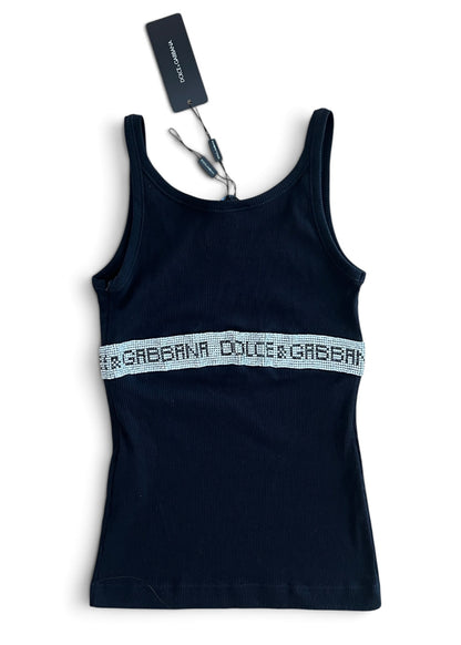 Vintage Dolce & Gabbana Rhinestone Logo Tank Top | Y2K Black Ribbed Cotton Cami | 2003 Archive