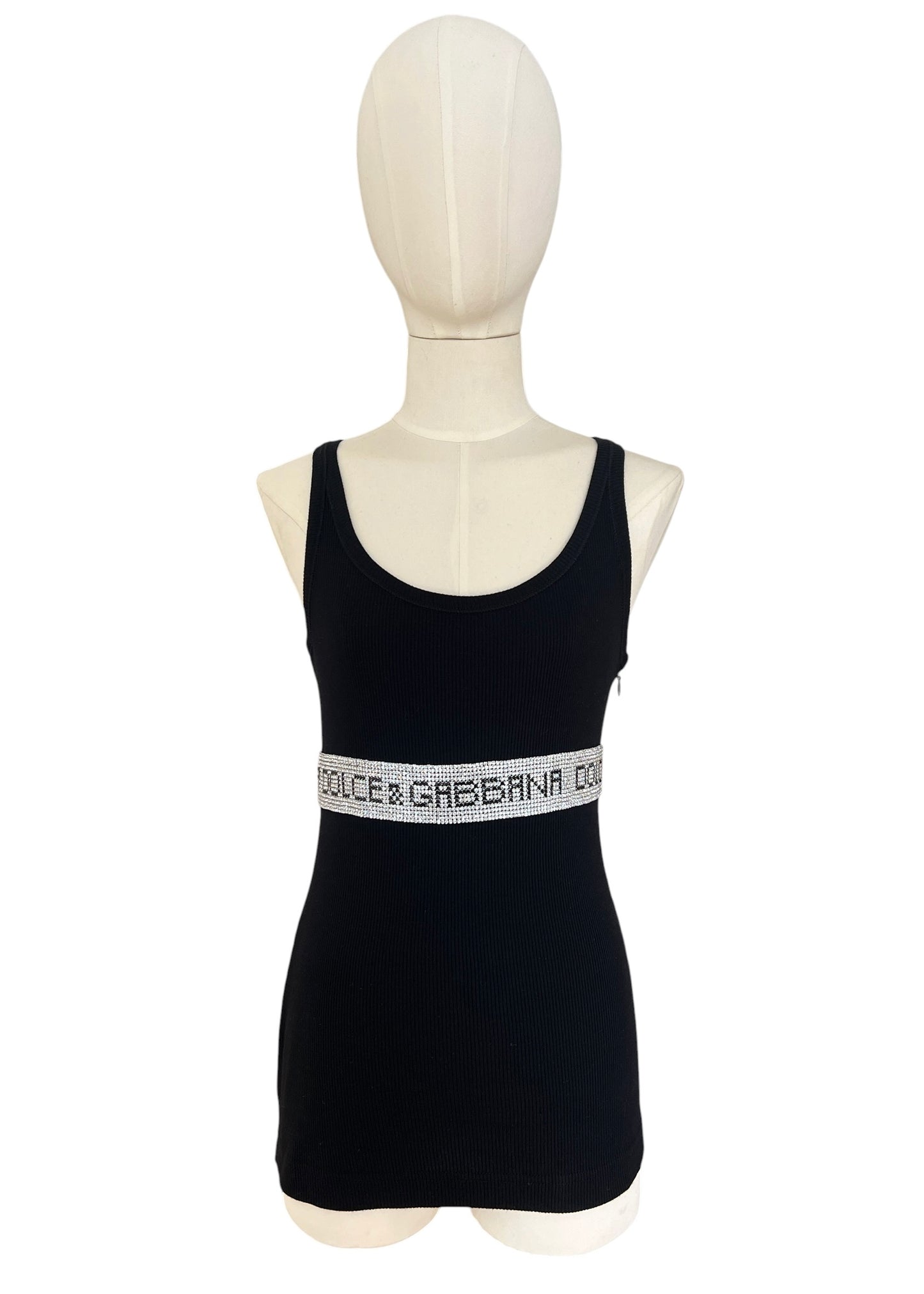 Vintage Dolce & Gabbana Rhinestone Logo Tank Top | Y2K Black Ribbed Cotton Cami | 2003 Archive