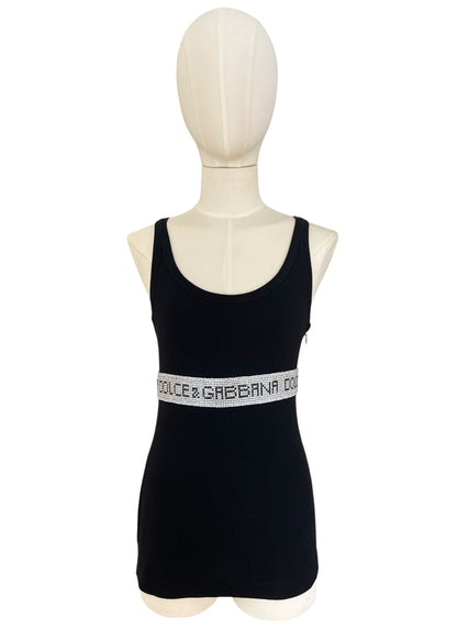 Vintage Dolce & Gabbana Rhinestone Logo Tank Top | Y2K Black Ribbed Cotton Cami | 2003 Archive