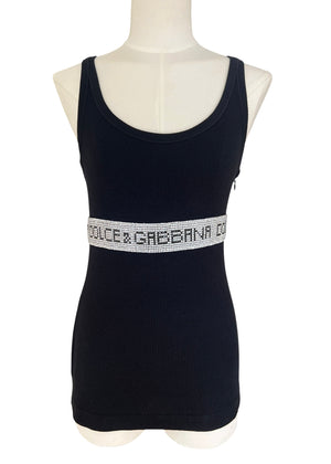 Vintage Dolce & Gabbana Rhinestone Logo Tank Top | Y2K Black Ribbed Cotton Cami | 2003 Archive