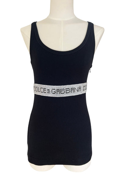 Vintage Dolce & Gabbana Rhinestone Logo Tank Top | Y2K Black Ribbed Cotton Cami | 2003 Archive