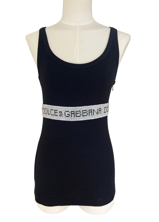 Vintage Dolce & Gabbana Rhinestone Logo Tank Top | Y2K Black Ribbed Cotton Cami | 2003 Archive