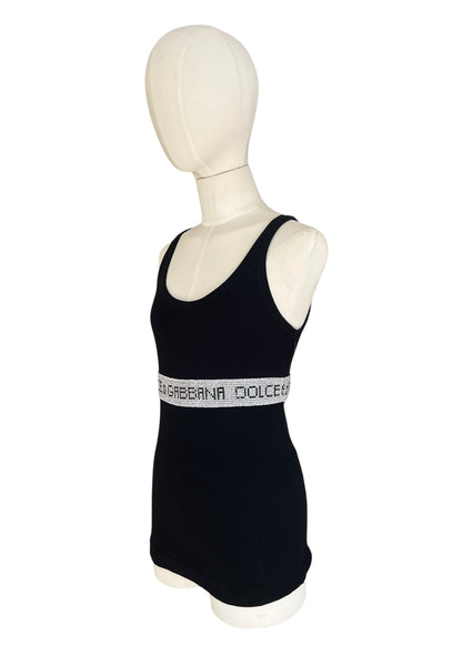 Vintage Dolce & Gabbana Rhinestone Logo Tank Top | Y2K Black Ribbed Cotton Cami | 2003 Archive