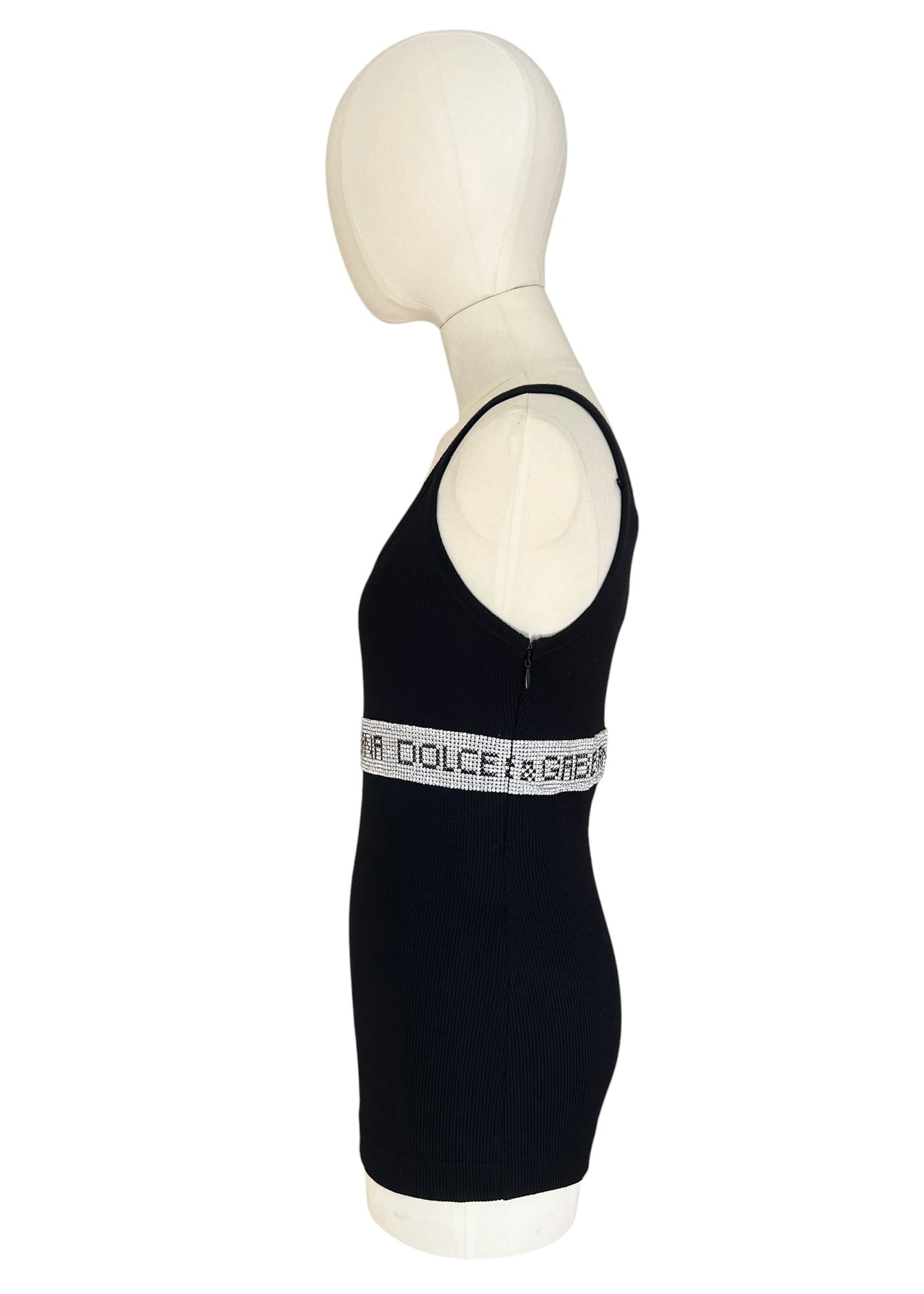 Vintage Dolce & Gabbana Rhinestone Logo Tank Top | Y2K Black Ribbed Cotton Cami | 2003 Archive