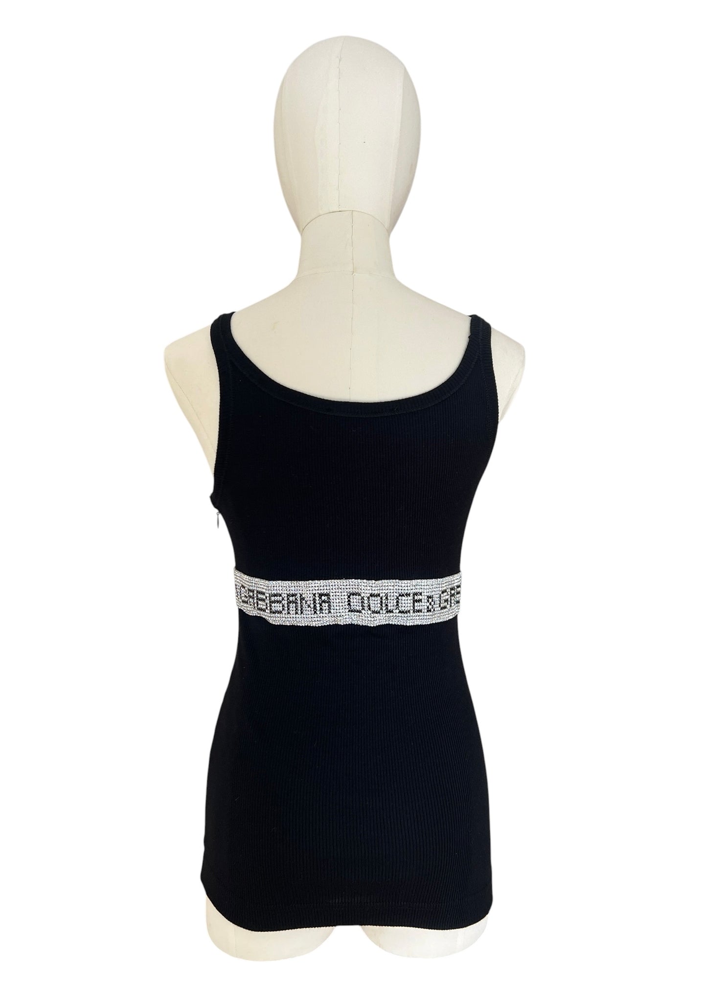 Vintage Dolce & Gabbana Rhinestone Logo Tank Top | Y2K Black Ribbed Cotton Cami | 2003 Archive