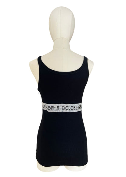Vintage Dolce & Gabbana Rhinestone Logo Tank Top | Y2K Black Ribbed Cotton Cami | 2003 Archive
