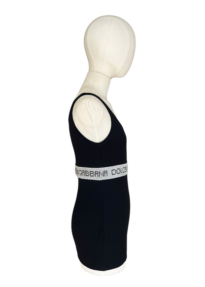 Vintage Dolce & Gabbana Rhinestone Logo Tank Top | Y2K Black Ribbed Cotton Cami | 2003 Archive