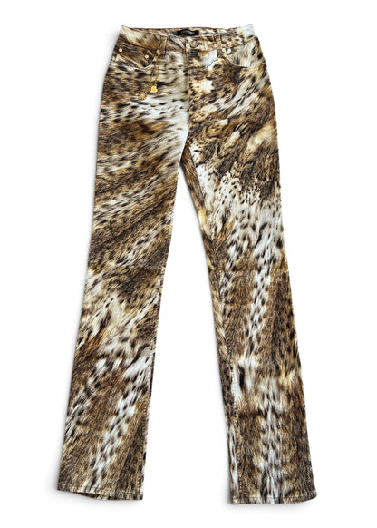 Roberto Cavalli 2000s Leopard Print Bootcut Jeans- Archive Animal Print Pants with Gold Charm