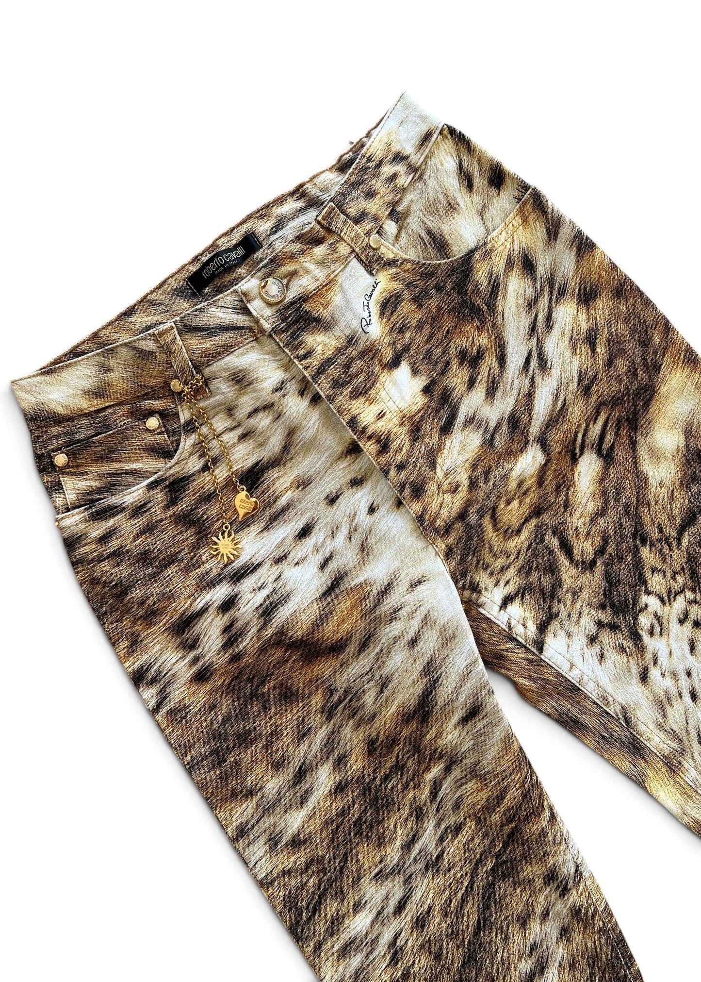Roberto Cavalli 2000s Leopard Print Bootcut Jeans- Archive Animal Print Pants with Gold Charm