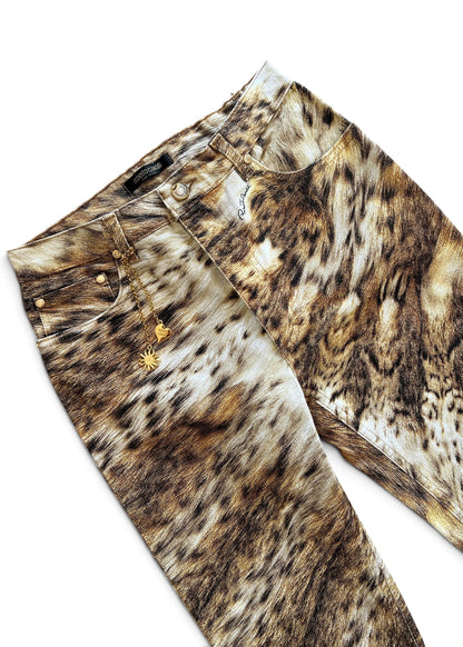 Roberto Cavalli 2000s Leopard Print Bootcut Jeans- Archive Animal Print Pants with Gold Charm