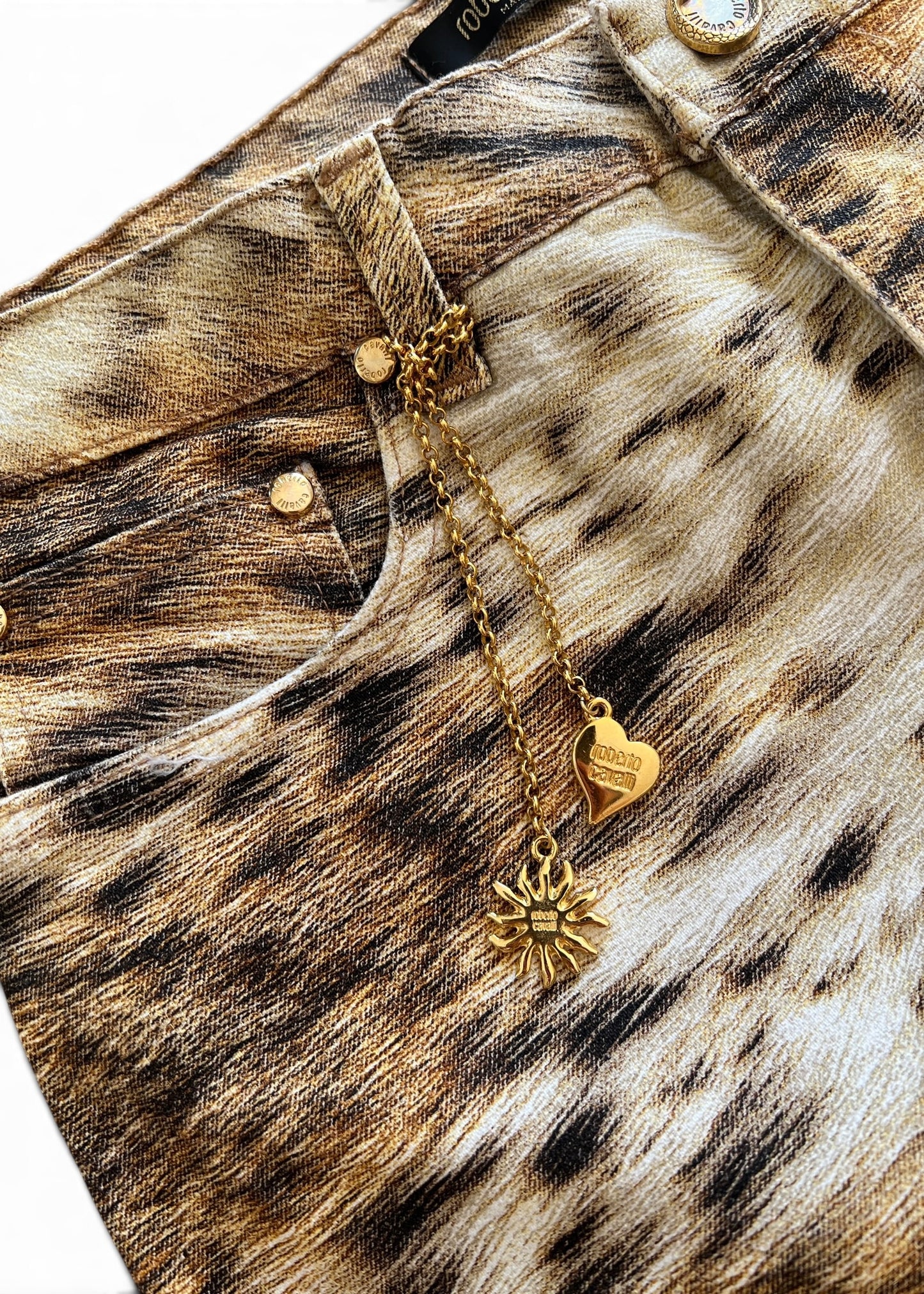 Roberto Cavalli 2000s Leopard Print Bootcut Jeans- Archive Animal Print Pants with Gold Charm