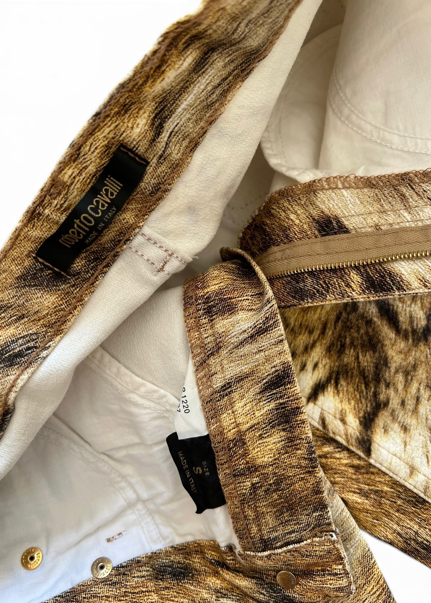Roberto Cavalli 2000s Leopard Print Bootcut Jeans- Archive Animal Print Pants with Gold Charm