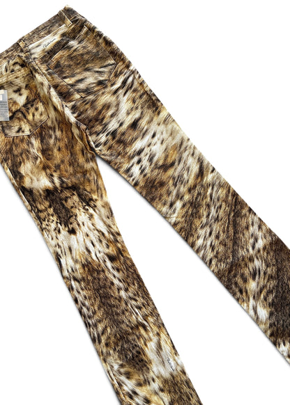 Roberto Cavalli 2000s Leopard Print Bootcut Jeans- Archive Animal Print Pants with Gold Charm