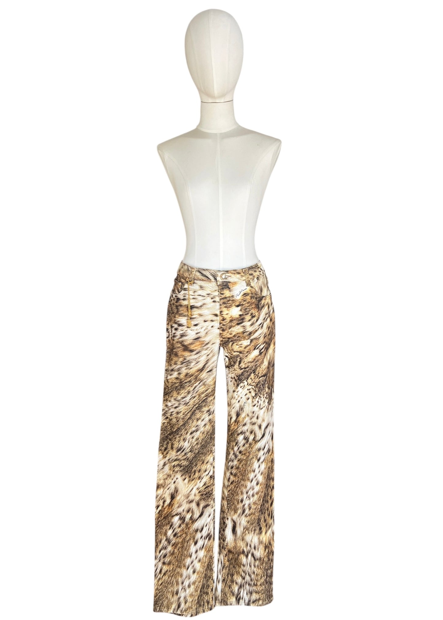 Roberto Cavalli 2000s Leopard Print Bootcut Jeans- Archive Animal Print Pants with Gold Charm