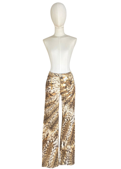Roberto Cavalli 2000s Leopard Print Bootcut Jeans- Archive Animal Print Pants with Gold Charm