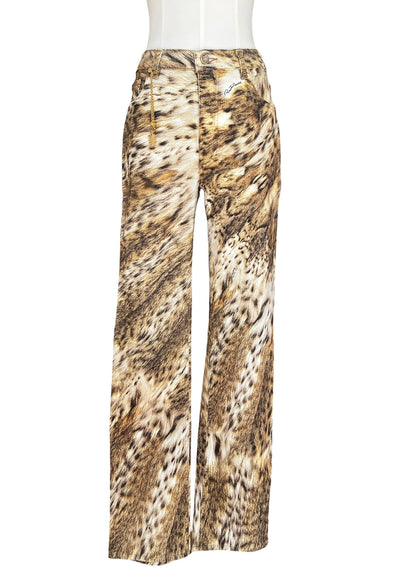 Roberto Cavalli 2000s Leopard Print Bootcut Jeans- Archive Animal Print Pants with Gold Charm