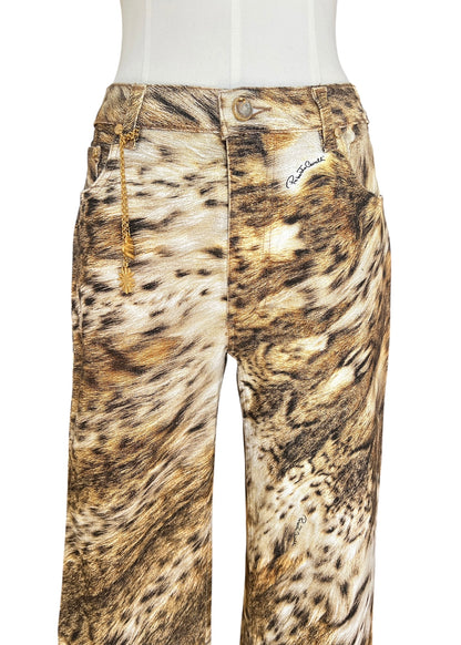 Roberto Cavalli 2000s Leopard Print Bootcut Jeans- Archive Animal Print Pants with Gold Charm