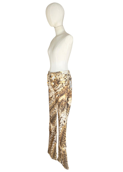 Roberto Cavalli 2000s Leopard Print Bootcut Jeans- Archive Animal Print Pants with Gold Charm