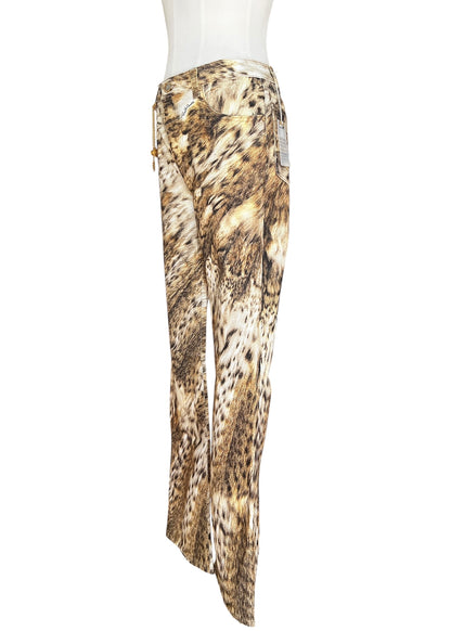 Roberto Cavalli 2000s Leopard Print Bootcut Jeans- Archive Animal Print Pants with Gold Charm